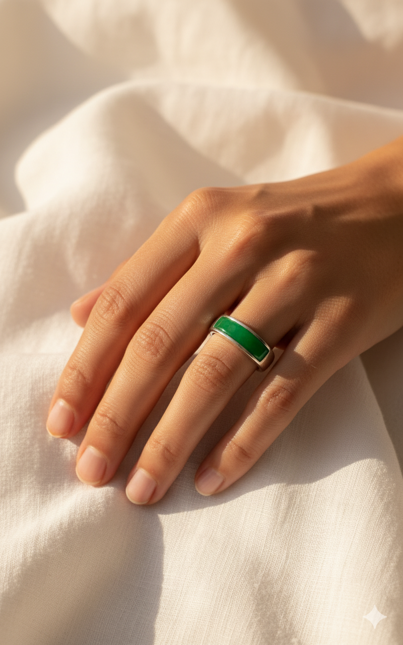 Solid Green Jade Silver Ring