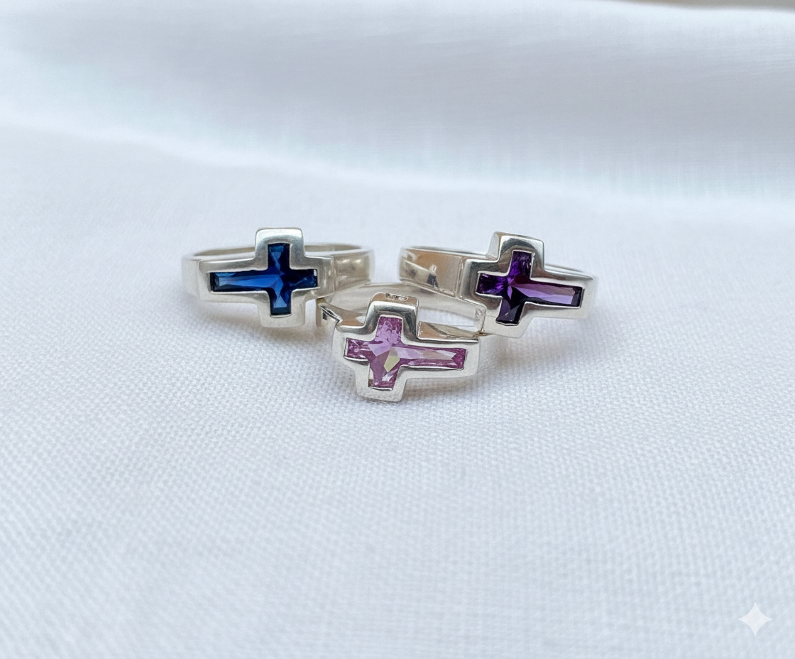 Silver Crystal Cross Ring